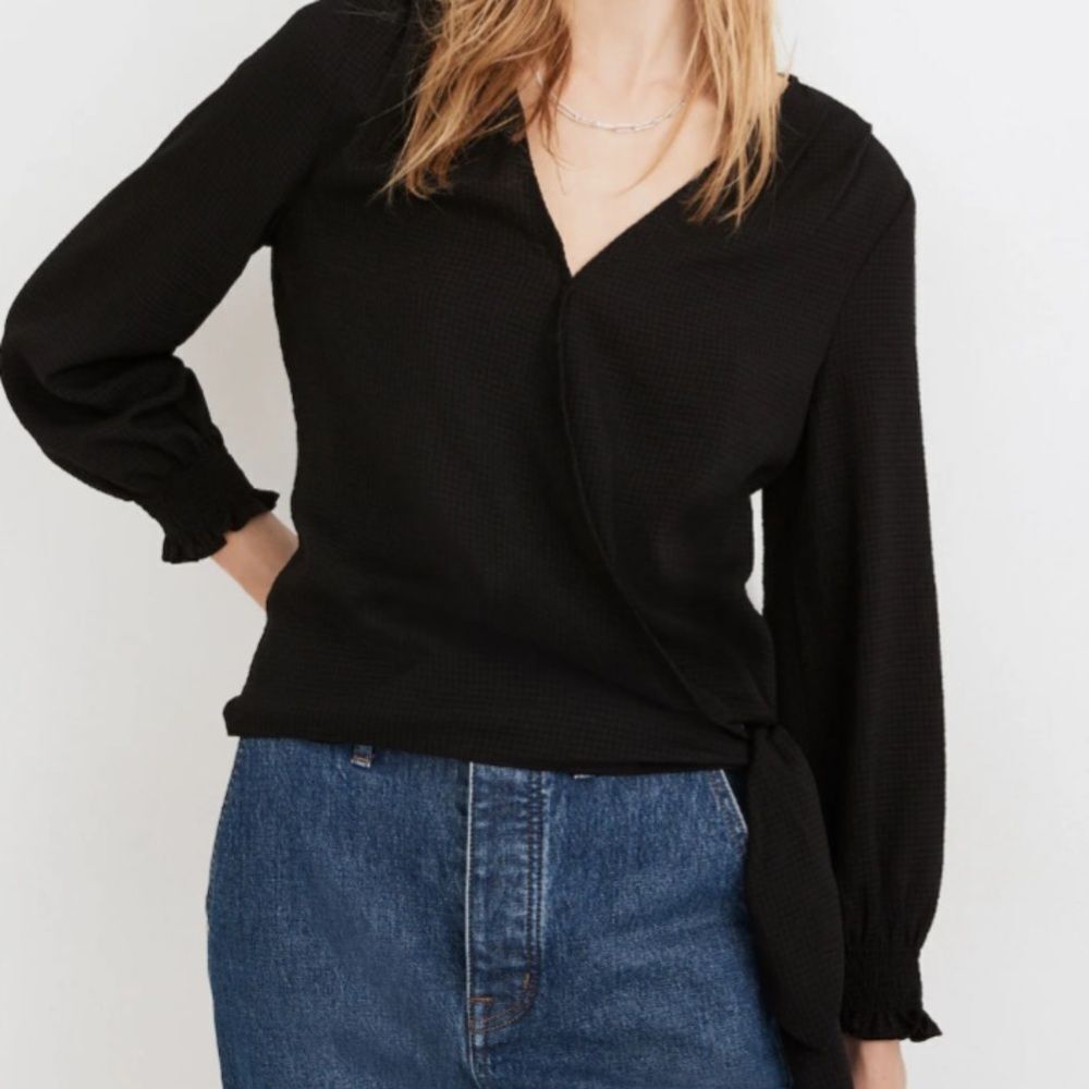 Madewell Black Mini Plaid Wrap Blouse